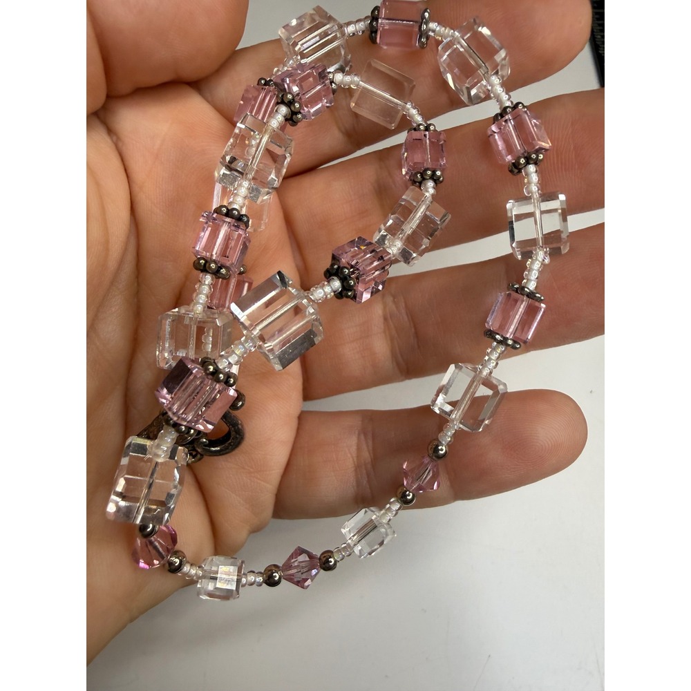 Pink Clear Crystal Cube Beaded Necklace Heart Toggle Clasp 16.5 Inch